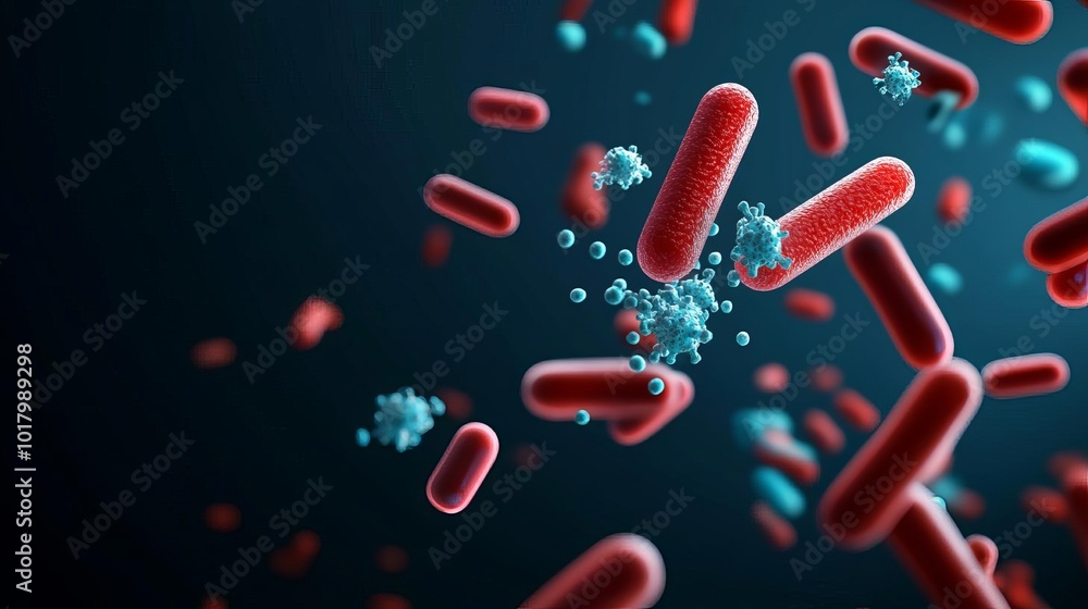 Antibacterial agent fighting bacteria, chemical reaction, 3D illustration Antibacterial agent fighting bacteria, chemical reaction, 3D illustration