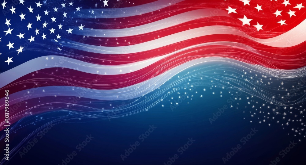 Vibrant portrayal of American flag elements with flowing red, white, and blue waves Vibrant portrayal of American flag elements with flowing red, white, and blue waves