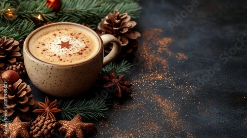 Warm cup of spiced beverage surrounded by winter decor and holiday elements o...