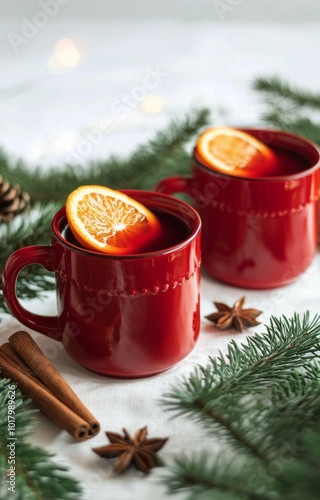 Warm holiday drinks served in festive red mugs with orange slices and cinnamo...