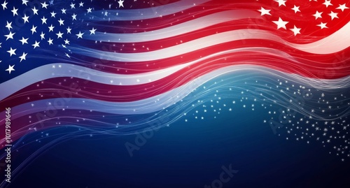 Vibrant portrayal of American flag elements with flowing red, white, and blue...