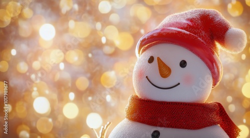 Snowman wearing a red hat and scarf surrounded by warm holiday lights during ...