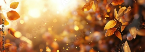 Golden autumn leaves catching sunlight in a serene forest during early morning