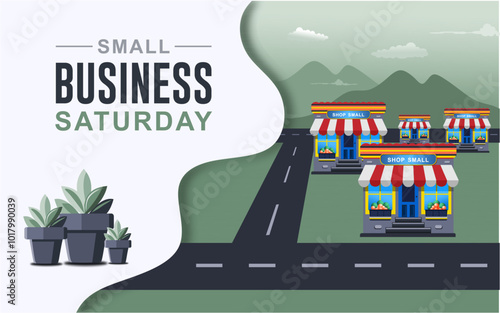 Small business saturday, november 25. small business saturday banner or flyer illustration with shops and beautiful landscape.