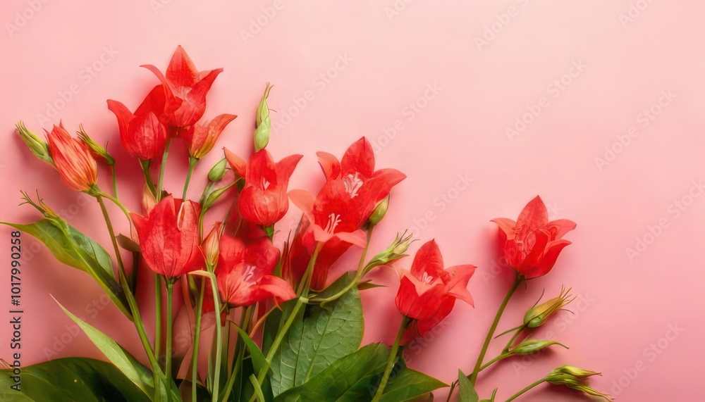 Top view red natural bellflowers with green leaf on pastel colored pink background, botanica Top view red natural bellflowers with green leaf on pastel colored pink background, botanica