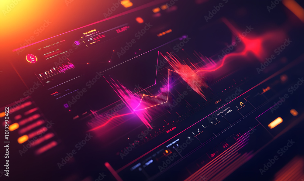 Obraz premium Futuristic financial dashboards and luxury business charts with glowing neon lines, gold accents, and connected nodes for corporate branding.