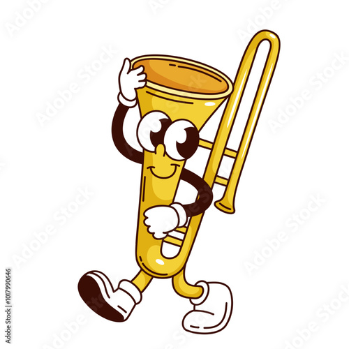 Groovy trombone cartoon character walking. Funny retro gold wind musical instrument with cute smile on face. Jazz music mascot, cartoon brass trombone sticker of 70s 80s style vector illustration