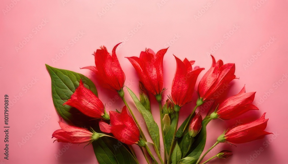Top view red natural bellflowers with green leaf on pastel colored pink background, botanica Top view red natural bellflowers with green leaf on pastel colored pink background, botanica