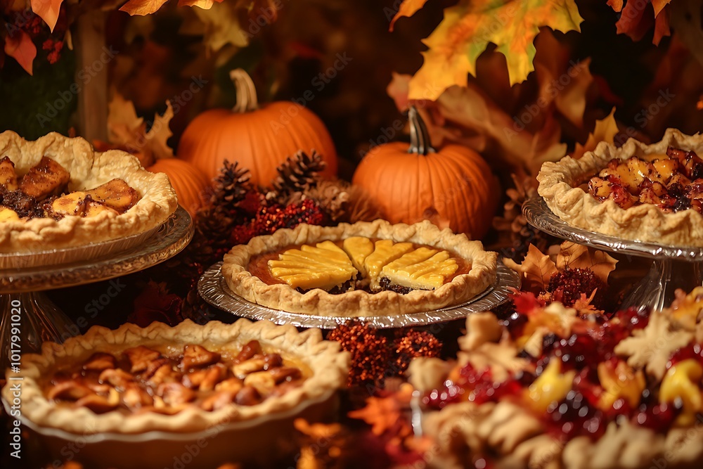 A beautifully arranged Thanksgiving dessert buffet, featuring warm pies and pastries surrounded by autumn decorations. A beautifully arranged Thanksgiving dessert buffet, featuring warm pies and pastries surrounded by autumn decorations.