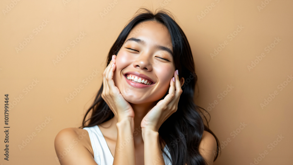 Joyful Young Woman with Long Black Hair Smiling: Portrait for Beauty, Skincare, or Dental Advertising Joyful Young Woman with Long Black Hair Smiling: Portrait for Beauty, Skincare, or Dental Advertising