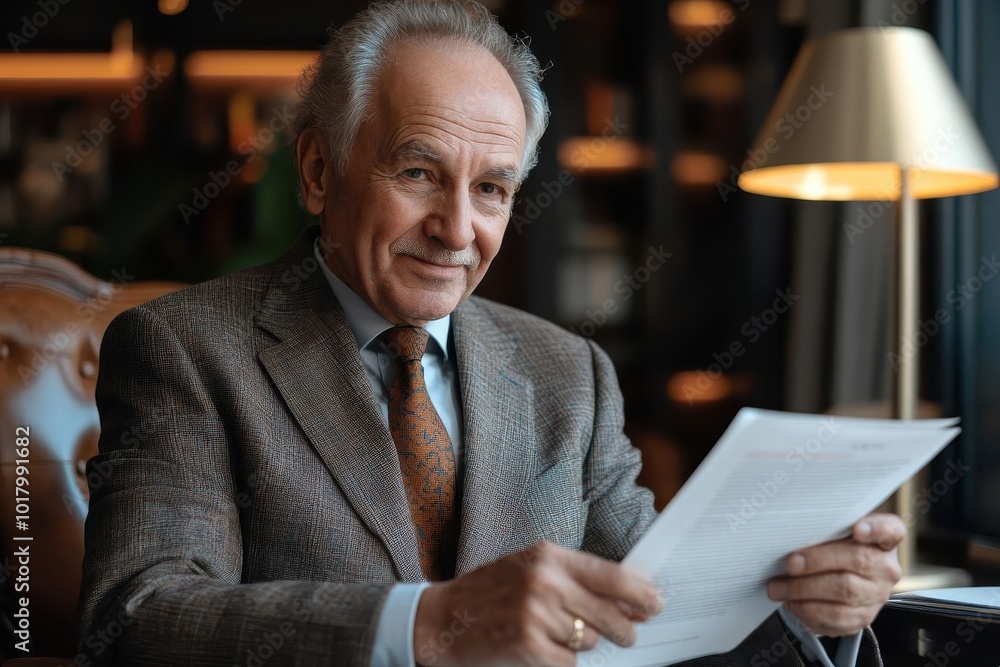Fototapeta premium Elderly man in formal suit holding and reading a document, with a warm and inviting indoor setting in the background.