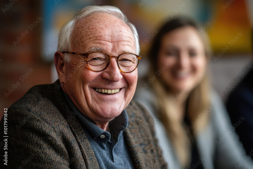 Smiling elderly man wearing glasses and a dark sweater, chatting pleasantly with two women in a cozy, well-lit indoor setting. Smiling elderly man wearing glasses and a dark sweater, chatting pleasantly with two women in a cozy, well-lit indoor setting.