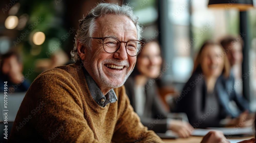 Smiling elderly man wearing glasses sitting in a cozy cafe with friends, enjoying a pleasant conversation. Warm light and relaxed atmosphere. Horizontal shot. Smiling elderly man wearing glasses sitting in a cozy cafe with friends, enjoying a pleasant conversation. Warm light and relaxed atmosphere. Horizontal shot.