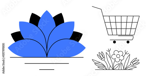 Simplistic image showing a blue lotus flower with black accents, a shopping cart, and a flower bed. Ideal for wellness, shopping, gardening, minimalistic design, spa promotions. Clean vector style