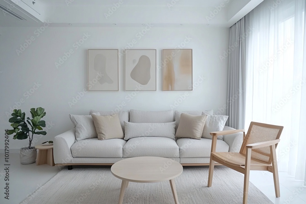 Fototapeta premium Minimalist, modern japandi interiors in apartment living rooms with hanging walls of art frames and sofas and cushions and wooden tables. Generative AI 