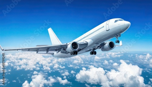 White passenger plane flying in the sky with amazing clouds in the background 