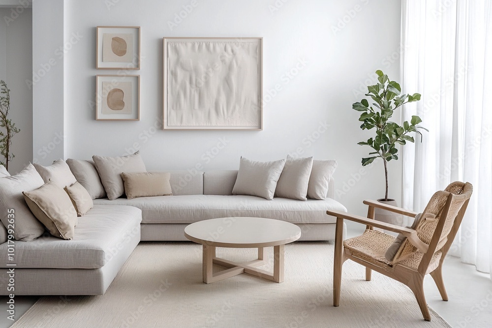 Minimalist, modern japandi interiors in apartment living rooms with hanging walls of art frames and sofas and cushions and wooden tables. Generative AI
Minimalist, modern japandi interiors in apartment living rooms with hanging walls of art frames and sofas and cushions and wooden tables. Generative AI