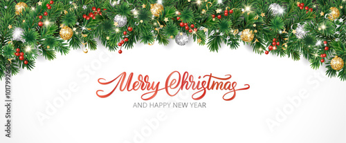 Christmas holiday background. Christmas tree arch frame with holly berry, balls. Gold and red glitter Christmas decoration. Merry Christmas calligraphy. For holiday headers, banners, party posters.