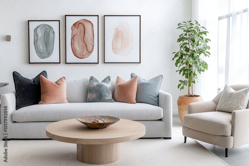 Fototapeta premium Minimalist, contemporary japandi interiors in the living room with white walls with art frames and cushions of sofas and pastel tones. Generative AI 