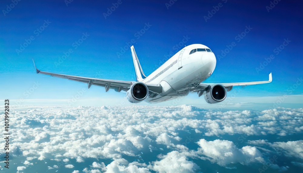 White passenger plane flying in the sky with amazing clouds in the background White passenger plane flying in the sky with amazing clouds in the background