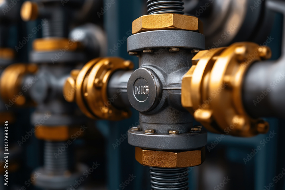 Close-up of a grey and golden industrial valve and piping with the label 'NIG'. The image highlights detailed mechanical components and connections. Close-up of a grey and golden industrial valve and piping with the label 'NIG'. The image highlights detailed mechanical components and connections.