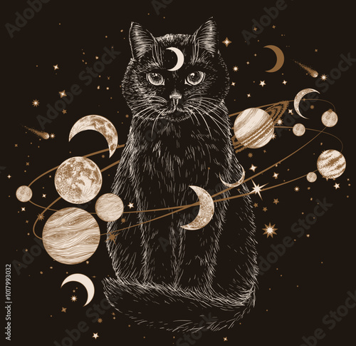 Vector illustration of a black cat surrounded by a galaxy with planets in an engraving style