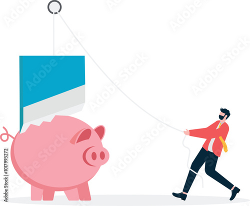 Businessman put down the guillotine to cut open the piggy bank,

