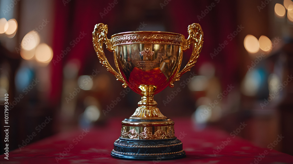 Golden trophy on a table with a red curtain background.
Golden trophy on a table with a red curtain background.