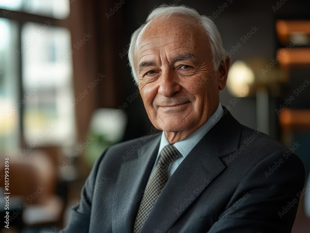 Elderly businessman in a suit, candidly smiling while leaning on a desk, natural and unposed with a warm, kind face Elderly businessman in a suit, candidly smiling while leaning on a desk, natural and unposed with a warm, kind face
