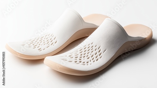 A pair of modern white slip-on shoes with a minimalist design, featuring breathable mesh patterns and light-colored rubber soles, set against a white background.