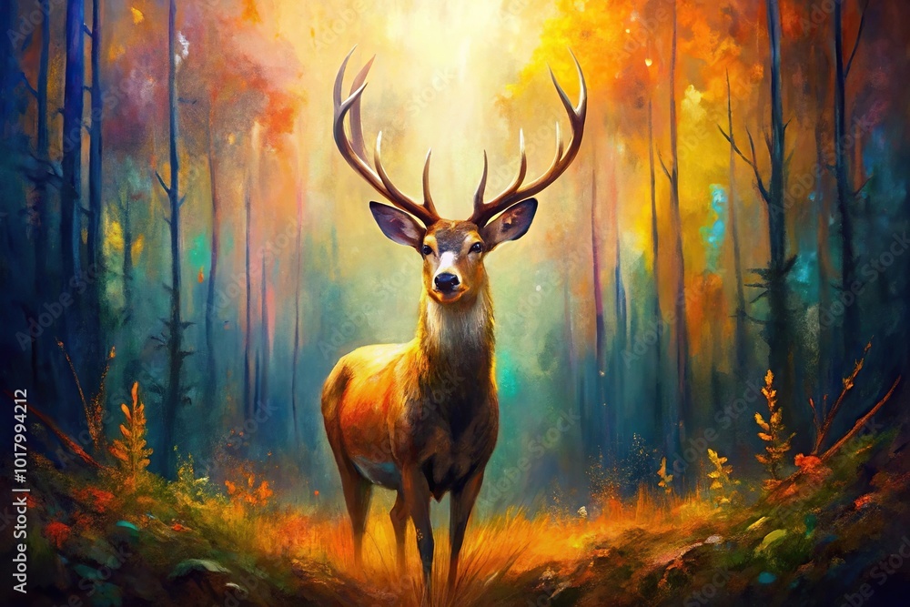 abstract painting of deer in sunset jungle abstract brush strokes thick color strokes vintage rustic Medium Shot abstract painting of deer in sunset jungle abstract brush strokes thick color strokes vintage rustic Medium Shot
