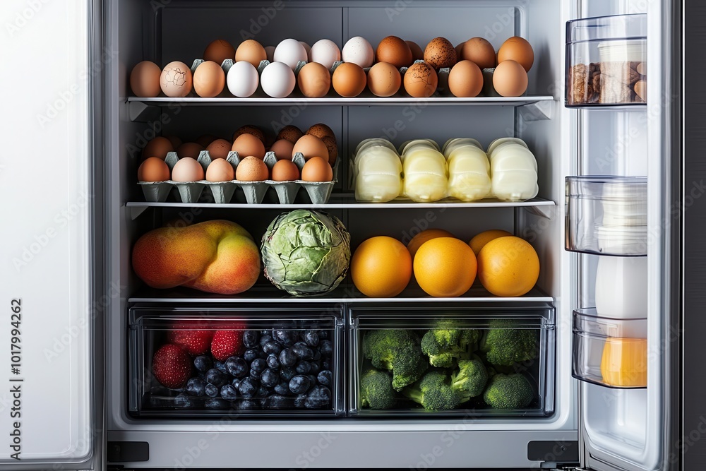 A neatly organized refrigerator filled with fresh produce, eggs, and dairy, showcasing healthy food choices and vibrant colors.