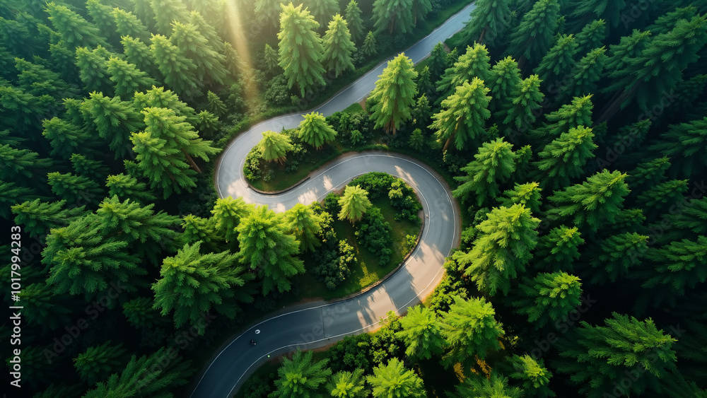 Aerial View of Winding Road Through Dense Forest: Perfect for Travel Brochures or Environmental Conservation Campaigns Aerial View of Winding Road Through Dense Forest: Perfect for Travel Brochures or Environmental Conservation Campaigns