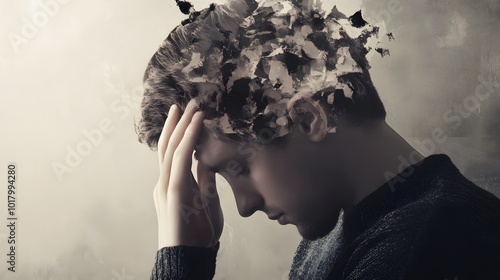 A young man holds his head in his hand, his expression pained and lost in thought. photo