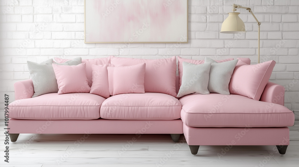 A soft pink sofa with pillows, minimalist and stylish A soft pink sofa with pillows, minimalist and stylish