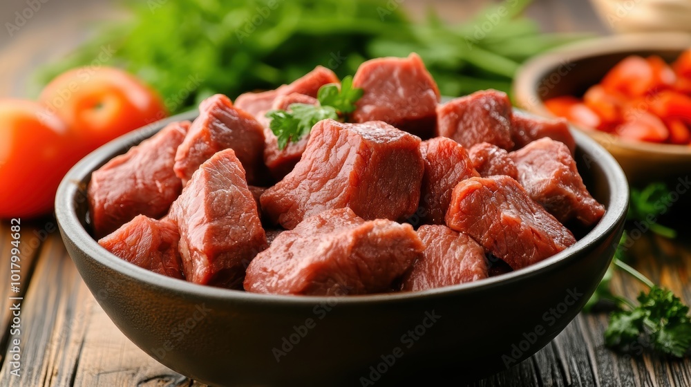 Fresh raw beef cubes in bowl with herbs vegetables Fresh raw beef cubes in bowl with herbs vegetables