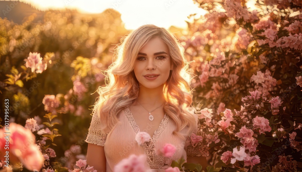 A beautiful young woman stands in the warm sun, surrounded by pastel-colored flowers, A beautiful young woman stands in the warm sun, surrounded by pastel-colored flowers,