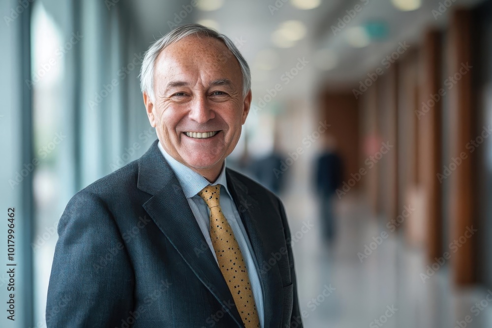 Sharp focus on a smiling elderly CEO in a suit, with a softly blurred corporate hallway behind him, depth of field enhancing his presence Sharp focus on a smiling elderly CEO in a suit, with a softly blurred corporate hallway behind him, depth of field enhancing his presence