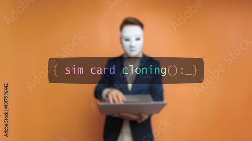 Cybersecurity concept sim card cloning on foreground screen, hacker silhouette hidden with low poly style mask. Vulnerability and attack on colored code editor. Text in English, English text