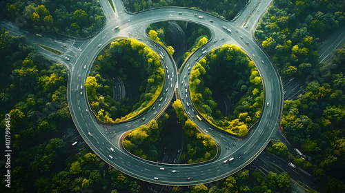 Aerial view of a circular road surrounded by lush greenery. photo