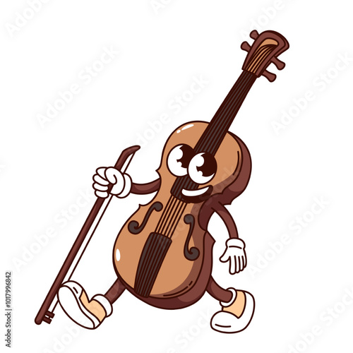 Groovy violin cartoon character walking with bow in hand. Funny retro viola with happy face. Classical music, jazz performance mascot, cartoon violin sticker of 70s 80s style vector illustration