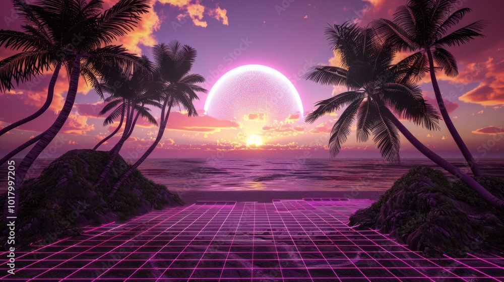 Naklejka premium Tropical Sunset with Retro Grid