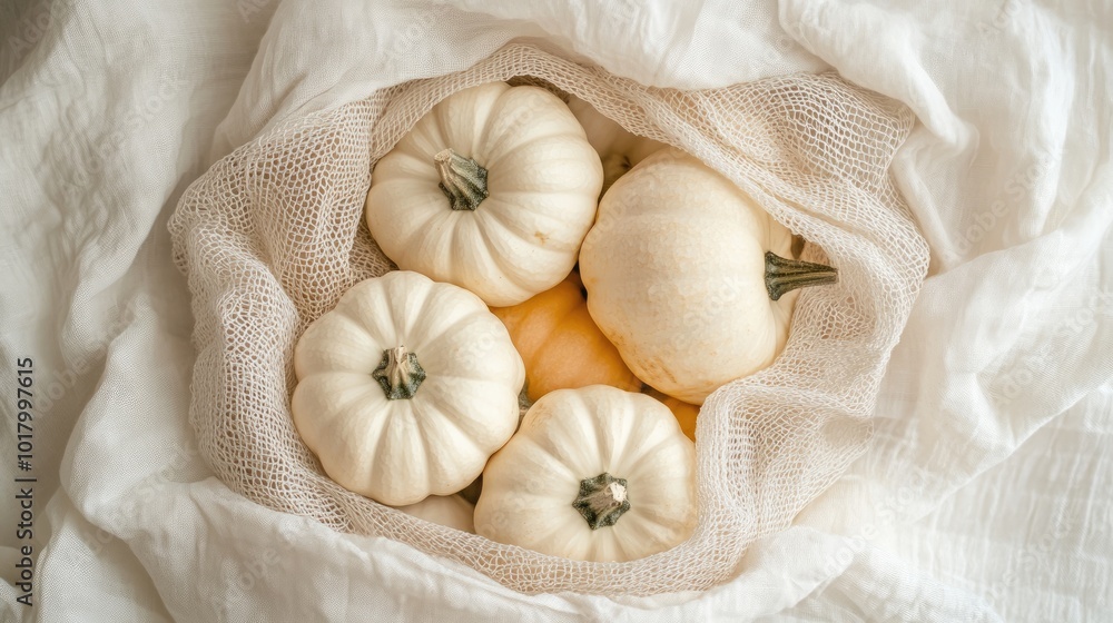 Little white pumpkins in a reusable cotton mesh bag on white linen fabric background Flat lay composition for eco friendly lifestyle and vegetable shopping concept Little white pumpkins in a reusable cotton mesh bag on white linen fabric background Flat lay composition for eco friendly lifestyle and vegetable shopping concept