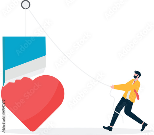 Businessman put down the guillotine to cut open the heart, business concept illustration

