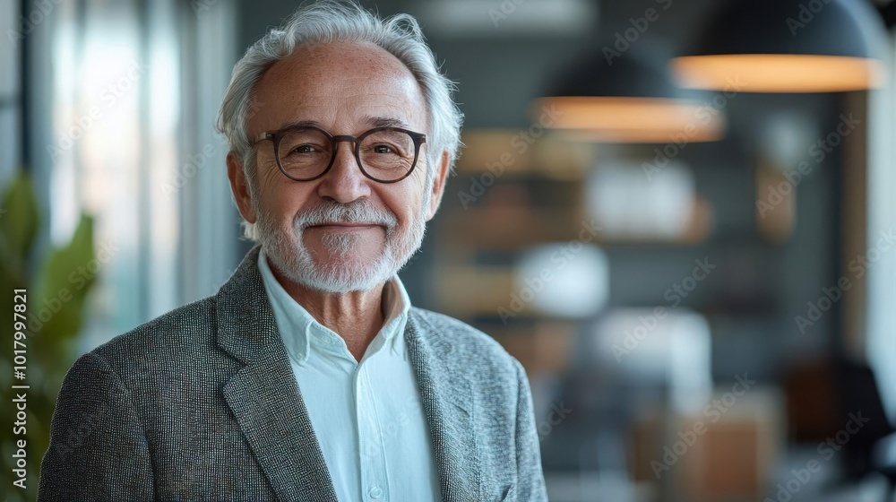 Portrait of a senior man with glasses in a modern office setting, blurry background, soft natural light, wearing a gray blazer and blue shirt. Portrait of a senior man with glasses in a modern office setting, blurry background, soft natural light, wearing a gray blazer and blue shirt.