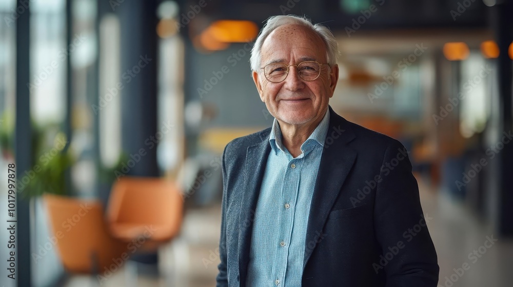 Older businessman smiling confidently in a modern office setting with large windows and stylish furniture. Older businessman smiling confidently in a modern office setting with large windows and stylish furniture.
