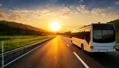  Long exposure of a bus driving on the highway at sunset. side view 