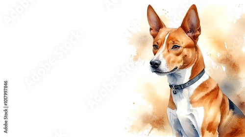 Basenji dog, captured in a serene watercolor portrait. Drawing. Art. Illustration. Copy Space. 2 photo