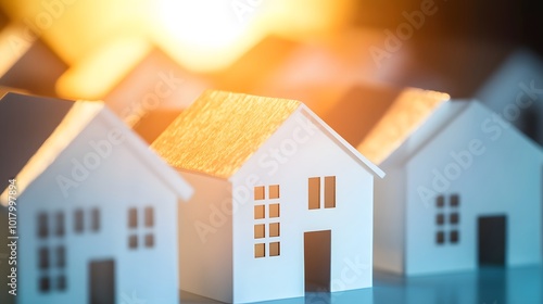 A row of small white houses sit on a reflective surface, with a warm sunset in the background. photo