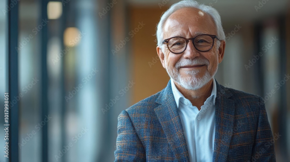 Elderly man with gray hair and glasses, wearing a blazer, smiling warmly in a modern office corridor background. Elderly man with gray hair and glasses, wearing a blazer, smiling warmly in a modern office corridor background.